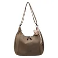 Minimalist coffee brown nylon hobo crossbody bag with cute plush bear and tassel charm - Brown with Pendant