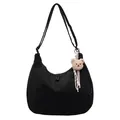 Minimalist black crescent hobo shoulder bag with a cute plush bear charm decoration - Black With Pendant