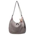 Gray large capacity canvas hobo bag with adjustable strap and cute plush bear charm - Grey With Pendant
