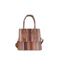 Ethnic micro handbag with brown and white woven pattern and faux leather handle - Khaki