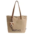 Sac fourre-tout en toile beige avec anses en cuir marron et breloque chiot - Avec Pendentif / Kaki