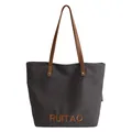 Sac cabas en toile gris foncé avec anses en cuir marron et broderie RUITAO - Sans Pendentif / Brun Foncé