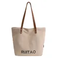 Sac cabas chic en toile beige avec anses en cuir marron et broderie RUITAO - Sans Pendentif / Blanc Cassé