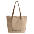 Sac cabas en toile beige avec anses en cuir marron et broderie lettrée RUITAO - Sans Pendentif / Kaki