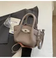 Macro detail of taupe lychee leather texture and twist-lock on stylish handbag - Gray
