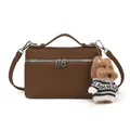 Bolso de mano de cuero marrón con cremallera plateada y colgante de peluche - Con Colgante / Marrón