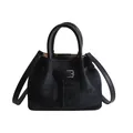 Elegante borsa a secchiello in denim nero con manici in pelle e dettagli con fibbia - Senza Ciondolo / Nero