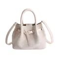 Borsa a secchiello minimalista in tela con manici in pelle e tracolla regolabile donna - Senza Ciondolo / Bianco