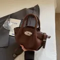 Chic dark brown lychee leather crossbody bag with silver hardware and top handles - Coffee Without Pendant