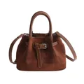 Chic brown textured fabric handbag with leather straps and an adjustable shoulder belt - No Pendant / Brown
