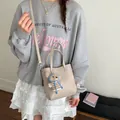 Chic beige lychee textured square handbag with crossbody strap and cute bear charm - With Pendant / White