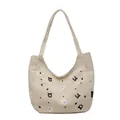 Sac cabas en toile beige avec broderies chat et ours mignon, grand sac à bandoulière - Kaki