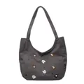 Grand sac cabas en toile gris foncé avec motifs de chats brodés et étiquette latérale noire - Brun Foncé