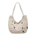 Sac cabas en toile blanc cassé avec broderies de chats et ours et bandoulières - Blanc Cassé