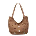 Sac fourre-tout en toile marron avec broderies de chat et d'ours et étiquette - Marron