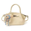 Creamy white lychee grain leather bucket bag with cute bear charm and silver buckle - With Pendant / White