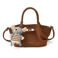 Coffee brown lychee grain bucket bag with cute bear charm and metal buckle strap - With Pendant / Brown