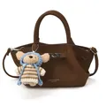 French style dark brown leather bucket bag with cute bear charm and adjustable strap - With Pendant / Coffee