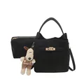 Minimalistisches schwarzes mattes Eimer-Taschen-Set mit goldener Hardware und Plüsch-Hund - Stil Mit Reißverschluss Innentasche / Schwarz Mit Anhänger