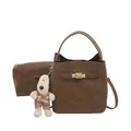 Dunkelbraune matte Beuteltasche Set mit Goldverschluss, kleiner Tasche und Welpenanhänger - Stil Mit Reißverschluss Innentasche / Braun mit Anhänger