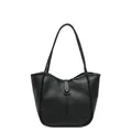 Classic black leather tote bag with subtle pleats and a circular snap closure detail - Black without Pendant