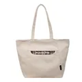 Borsa tote in tela crema con tasca a quadri marroni ed elegante ricamo bianco - Bianco Sporco