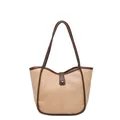Retro contrast patchwork tote bag in beige and brown PU leather for women - Khaki (No Pendant)