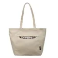 Borsa tote in tela bianco avorio con tasca a quadri marroni e manici lunghi - Cachi