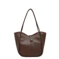 Retro dark brown tote bag with contrast piping and embossed crocodile texture trim - Brown No Pendant