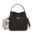 Classic black bucket bag in lychee pattern leather with a cute bear plush charm accessory - With Pendant / Black