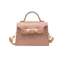 Metallic rose gold mini trapezoid handbag with snakeskin texture and gold turn-lock - Pink
