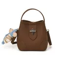 Brown litchi grain leather bucket bag with silver clasp and cute plush bear charm - With Pendant / Coffee