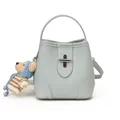 Light blue bucket bag in lychee pattern leather with a cute bear charm and silver clasp - With Pendant / Blue