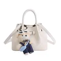 White minimalist bucket bag with decorative metal buckle and cute plush bear charm - White With Pendant