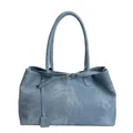 Borsa tote blu con trama denim, fibbia in metallo dorato e manici lunghi dal design minimalista - Blu
