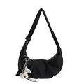Minimalistische schwarze Halbmond-Tasche mit Falten und weißem Pony-Anhänger - Mit Anhänger / Schwarz