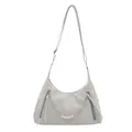Bolso medialuna gris claro con cadena plateada y detalles de perlas blancas para mujer - Azul Sin Colgante