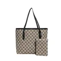 Chic two-piece tote bag set with M-pattern jacquard fabric and black leather trim - Khaki & Black