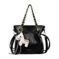 Black quilted leather bucket bag with gold chain strap and pony charm accessory - Keychain Style / Black