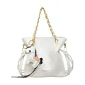 Beige quilted bucket bag with gold chain strap and horse charm detail - Keychain Style / White