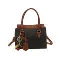 Sac à main minimaliste en cuir litchi noir avec poignées marron et charm cerise - Noir (Avec Pendentif)