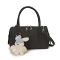 Trendy black lychee texture pillow bag with double handles and cute rabbit charm - With Bunny Pendant / Black