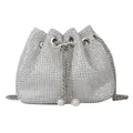 Luxury rhinestone bucket bag with silver metal chain strap and pearl drawstring tassels - White