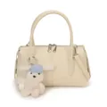 Creamy white litchi pattern leather boston bag with a cute plush dog charm - With Bunny Pendant / Off White