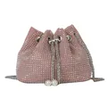 Pink rhinestone bucket bag with silver drawstring chain and large pearl accents - Pink