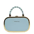 Detail of light blue box clutch bag with gold metal frame and woven leather top handle - Blue