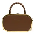Detail of a brown leather box bag featuring golden metal frame and twisted chain handle - Brown