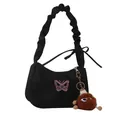 Bolso de hombro negro minimalista con bordado de mariposa y correa plisada - Estilo Con Colgante / Negro