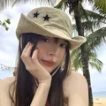 Khaki canvas sun hat with rhinestone stars on beach background for outdoor vacation - M (56-58cm) / Khaki