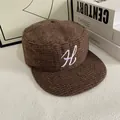 Retro brown plaid flat top army cap with white embroidered H letter in a vintage setting - M (56-58cm) / Coffee